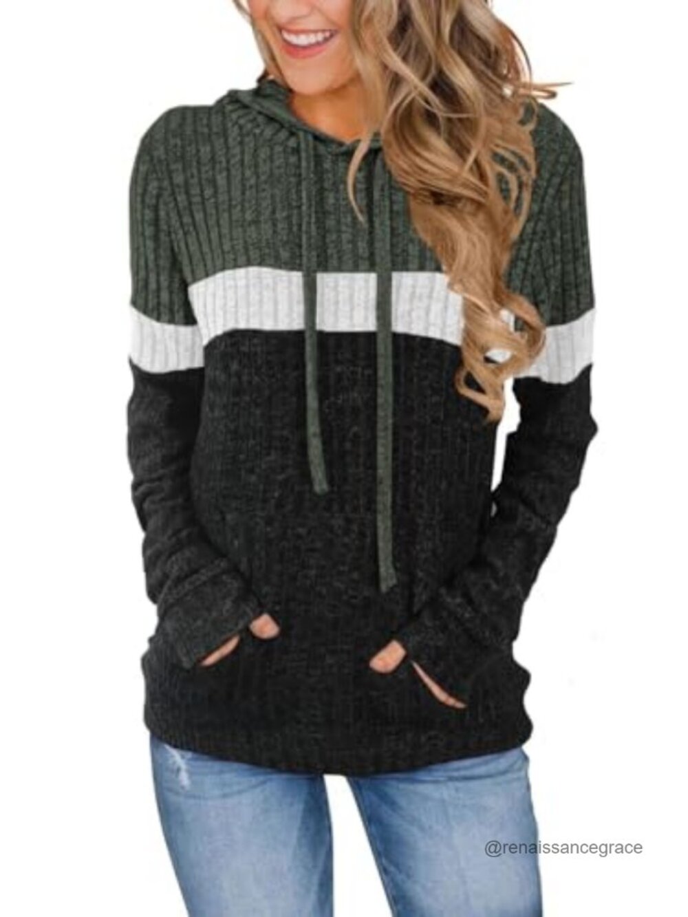 Women's Color Block Knit Hoodie Long Sleeve Pullover Sweater with Pocket